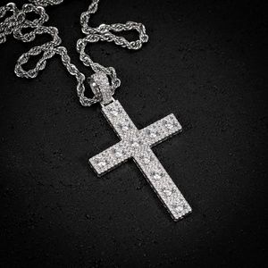 Mens Silver Cross Pendant White Gold Plated Iced Fashion Cz Pointer Necklace